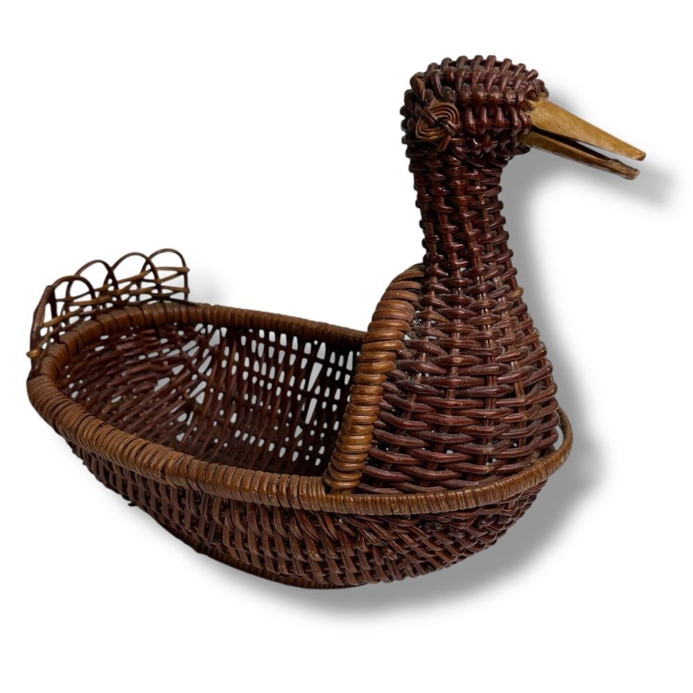 Vintage Brown Rattan Wicker Duck Basket Woven Wood Bird Farmhouse Decor Boho